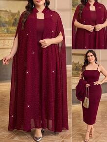 Reflora Plus Size Minimalist Solid Color Spaghetti Strap Dress And Long Shawl 2 Pieces Set - Burgundy - View 8