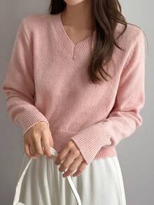 DAZY Women's Solid Color Fitted Short Long Sleeve V-Neck Casual Vacation Spring/Autumn Pullover Knit Sweater - Pink - View 2