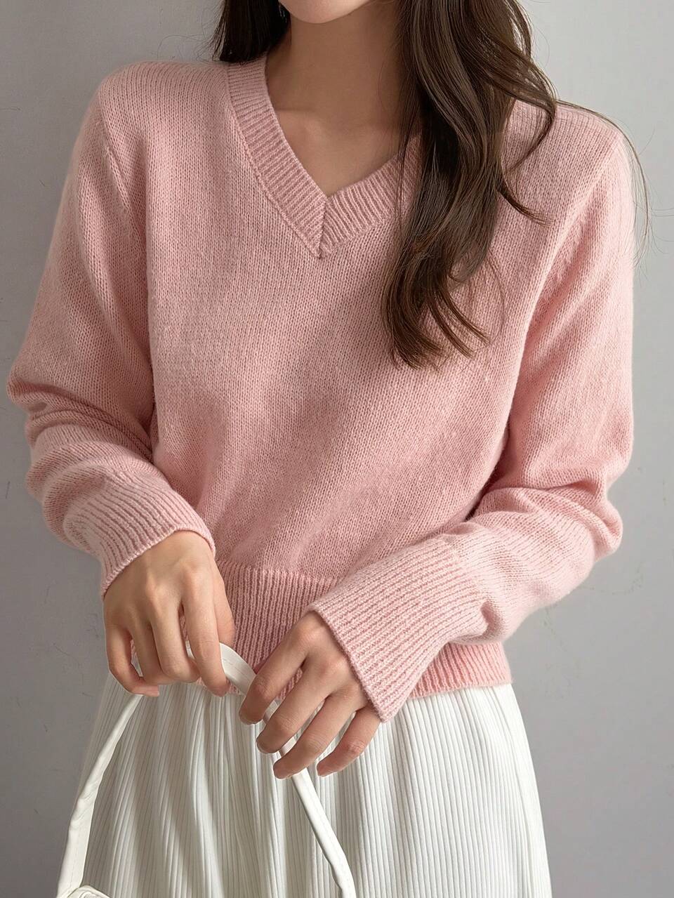 Women's Solid Color Fitted Short Long Sleeve V-Neck Casual Vacation Spring/Autumn Pullover Knit Sweater