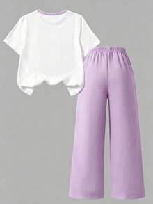 SHEIN 2pcs/Set Teen Short Sleeve & Long Pants Set, Pink Bow Ribbon, Suitable For Spring/Summer, Sports & Commuting - Multicolor - View 2
