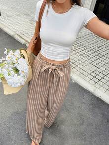 SHEIN Frenchy 女款條紋百褶設計寬腿寬鬆休閒長褲 - 棕色 - 查看 4