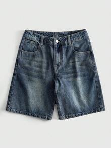 ROMWE MEN Anime Men's Distressed Washed Vintage Denim Shorts, Koi Cherry Blossom Wave Embroidery, Wide Leg Straight Knee-Length Shorts, Y2K Summer Retro Street Hip-Hop Style - Blue - View 2