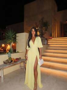 Ronhire Women's Solid Yellow/Cream Deep V-Neck High Slit Fitted Mesh Dress, Spring/Summer - Light Yellow - View 1