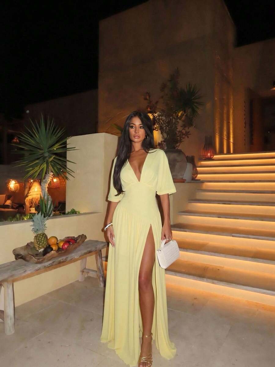 Ronhire Women's Solid Yellow/Cream Deep V-Neck High Slit Fitted Mesh Dress, Spring/Summer - Light Yellow - View 1
