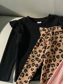 SHEIN 3件組女童幼兒秋冬時尚嬰兒粉色＋經典純黑色荷葉袖圓領長袖打底T恤返校上衣 - 彩色 - 查看 10