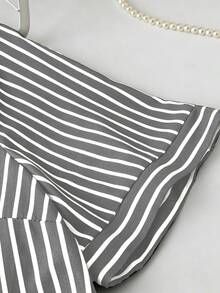SHEIN LUNE 休闲优雅条纹爱心刺绣短袖纽扣领大码女式长款衬衫裙 - 黑色 - 查看 3