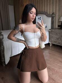 Flirla 女款純色高腰側綁帶休閒裙褲 - 棕色 - 查看 4