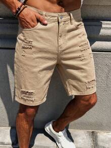 Manfinity LEGND Men's Spring/Summer Street Style Casual Distressed Ripped Straight Leg Khaki Denim Shorts - Khaki - View 6