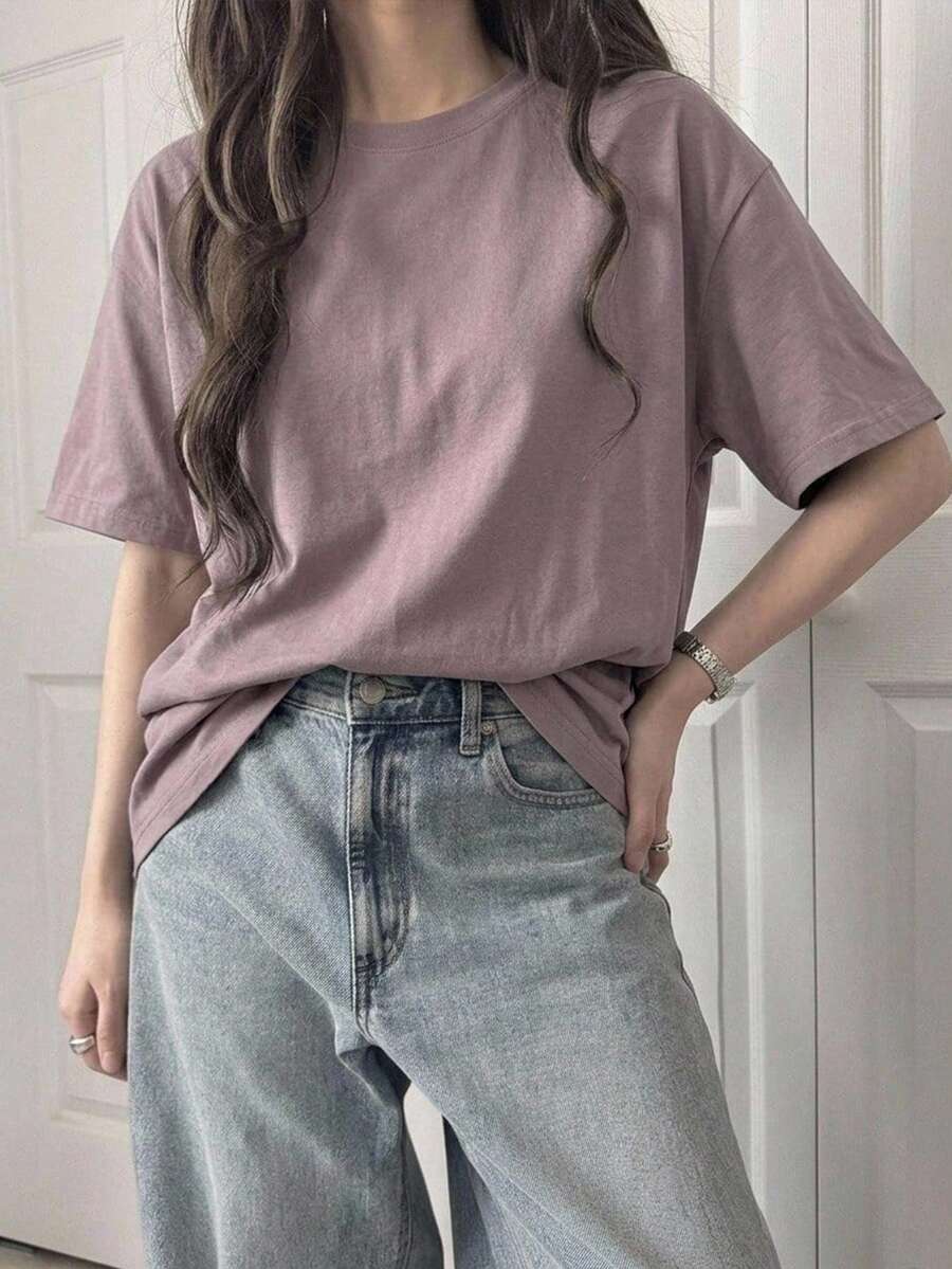 DAZY Women's Solid Color Round Neck Short Sleeve Casual Versatile T-Shirt School - Mauve Purple - View 1