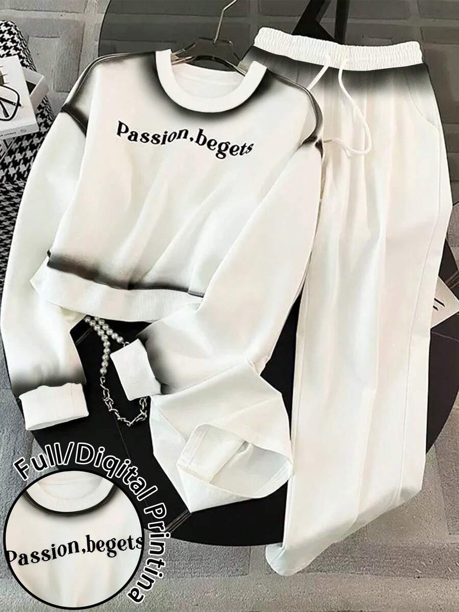 Resyla Setelan Sweatshirt Wanita Minimalis Kasual Musim Semi/Gugur dengan Warna Gradien, Pakaian Olahraga Kasual Dua Potong dengan Celana Lebar - Putih - View 1