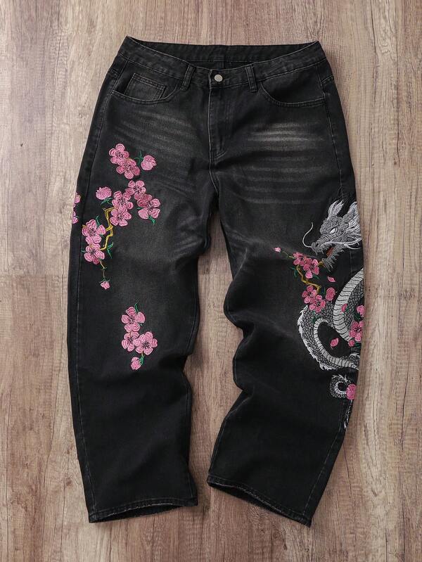 Manfinity Joysei Men Vintage Fashionable Versatile Cat Whisker Design Floral & Dragon Embroidered Loose Wide Leg Casual Jeans