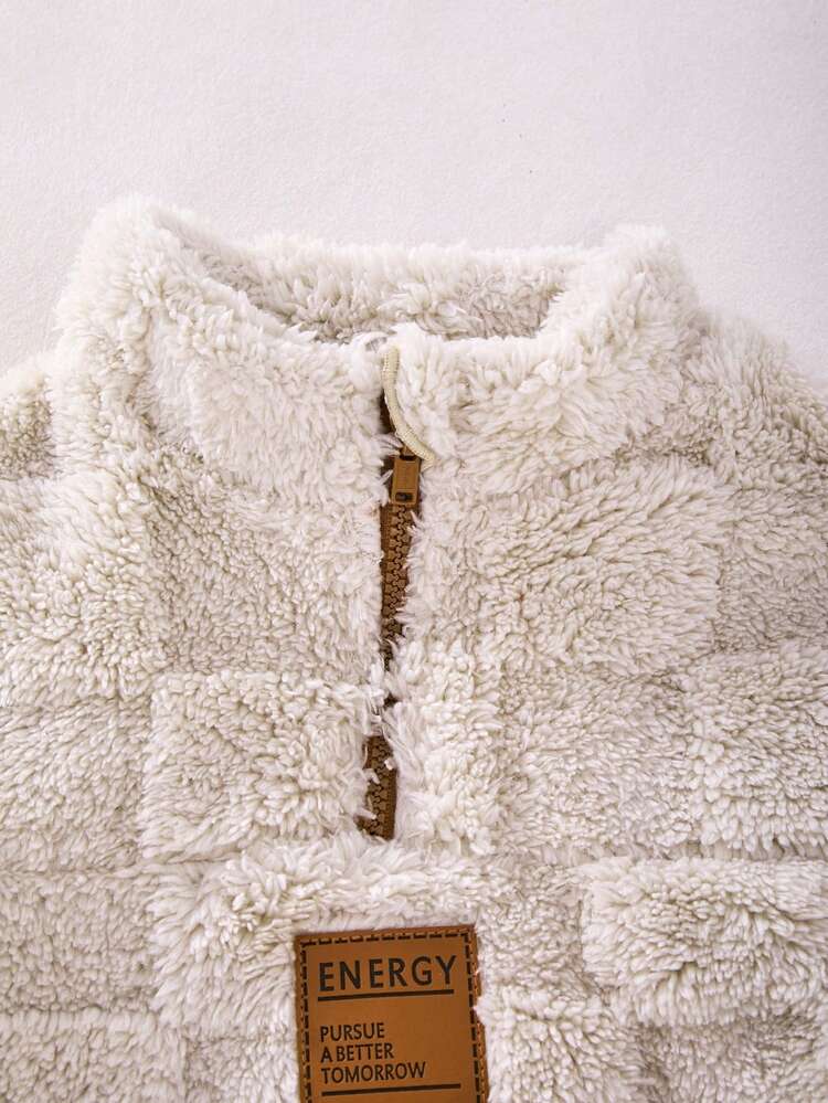 SHEIN Sweatshirt Lengan Panjang Kerah Tegak Setengah Resleting, Bahan Fleece Jacquard Dua Sisi, Lembut dan Nyaman, Cocok untuk Musim Gugur/Musim Dingin - Aprikot - View 3