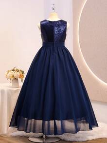 Tween Girls All-Season Graduation Wedding Flower Girl Elegant Ball Gown Dress, Navy Blue Chiffon Hem Mid-Waist Pleated Top Sequin Round Neck Tank Top Evening Dress For Big Girls, Back To School Fashion Puff Princess Dress - Navy Blue - View 2