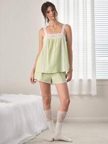 Ocili 100% Pure Cotton Bohemian Embroidered Comfortable Water-Soluble Lace Minimalist Women's Loungewear Set - Green - View 7