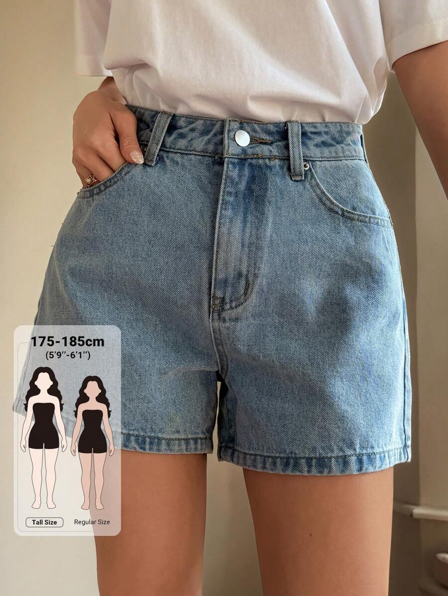 Livesso Tall 女款中腰休閒都市風牛仔短褲,適合夏季校園穿著 - 淺色水洗藍 - 查看 1