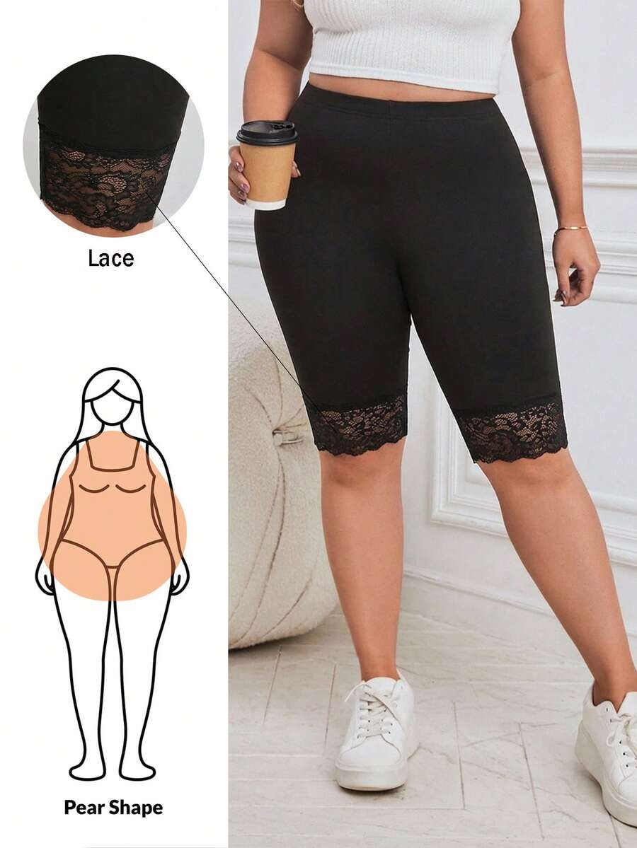 SHEIN Essnce 大码女式蕾丝拼接休闲百搭日常修身百慕大短裤 - 黑色 - 查看 1