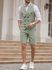Manfinity Bizformal 男士淺綠色雙排扣馬甲短褲套裝，翻領無袖西裝背心與修身短褲套裝，正式，儀式 - 綠色 - 查看 5