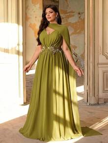 Aureia Große Größen elegantes grünes Chiffon plissiertes Blumenapplikation A-Linie Maxikleid mit abnehmbarem Schal für formelle Abendveranstaltungen, Hochzeitsgäste, Brautjungfern, Partys - Grün - Übersicht 10