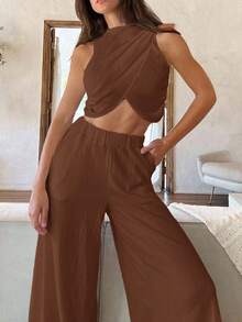 Cloudara Chic Simplicity: Round Neck Draped Crop Top And Matching Bottoms Set - Brown - View 7