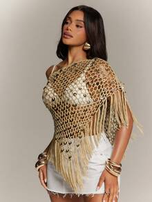 Denimoi Vacation Beach Club Sequin Decorated Tassel Hem Cover-Up, Party Going Out Beige Summer Sexy - Khaki - View 4