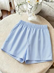 SHEIN LUNE CURVE Plus Size Striped Fabric Elastic Waist Flap Metal Buckle Decor 3-Inch Shorts Skirt Elegant Outing Date Party Daily Commute Shorts - Blue and White - View 2