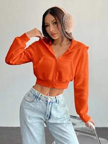 SHEIN PETITE 女款純色前拉鍊長袖口袋極簡連帽夾克 - 橘色 - 查看 5