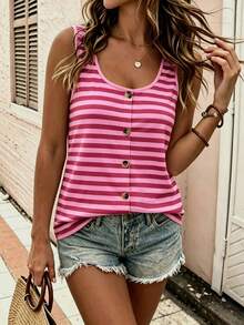 EMERY ROSE Plus Size Women's Comfortable Color Block Striped Pattern Round Neck Button Up Top, Round Neck Comfortable Camisole Tank Top, Suitable For Daily Casual Wear - Multicolor - View 4