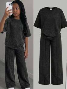 SHEIN Tween Girl 休閒日常時尚短版短袖上衣與長褲套裝 - 深灰色 - 查看 10