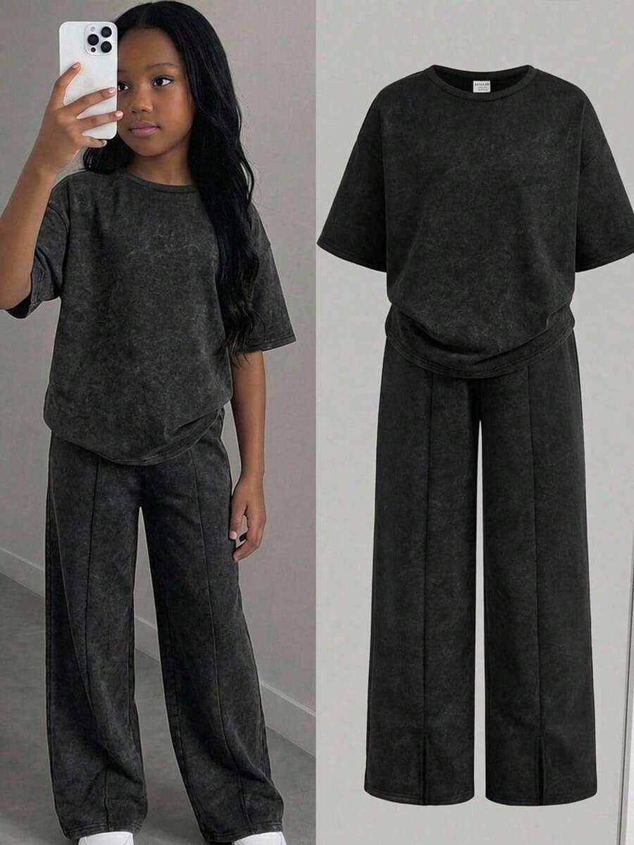 SHEIN Tween Girl Tween Girl Casual Daily Fashion Cropped Short Sleeve Top & Long Pants Set - Dark Grey - View 1
