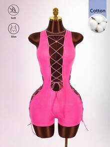 Bumpella Cross-Cutout Backless Sexy Sleeveless Jumpsuit For Women - Pink - View 9