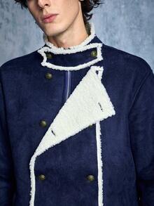ROMWE MEN Men's Colorblock Stand Collar Fashion Versatile Casual Jacket - Blue - View 2