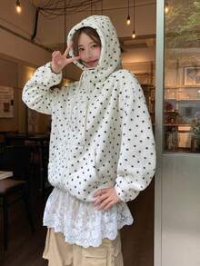 DAZY Women's Hooded Polka Dot Korean Style Casual Long Sleeve Jacket - Apricot - View 6