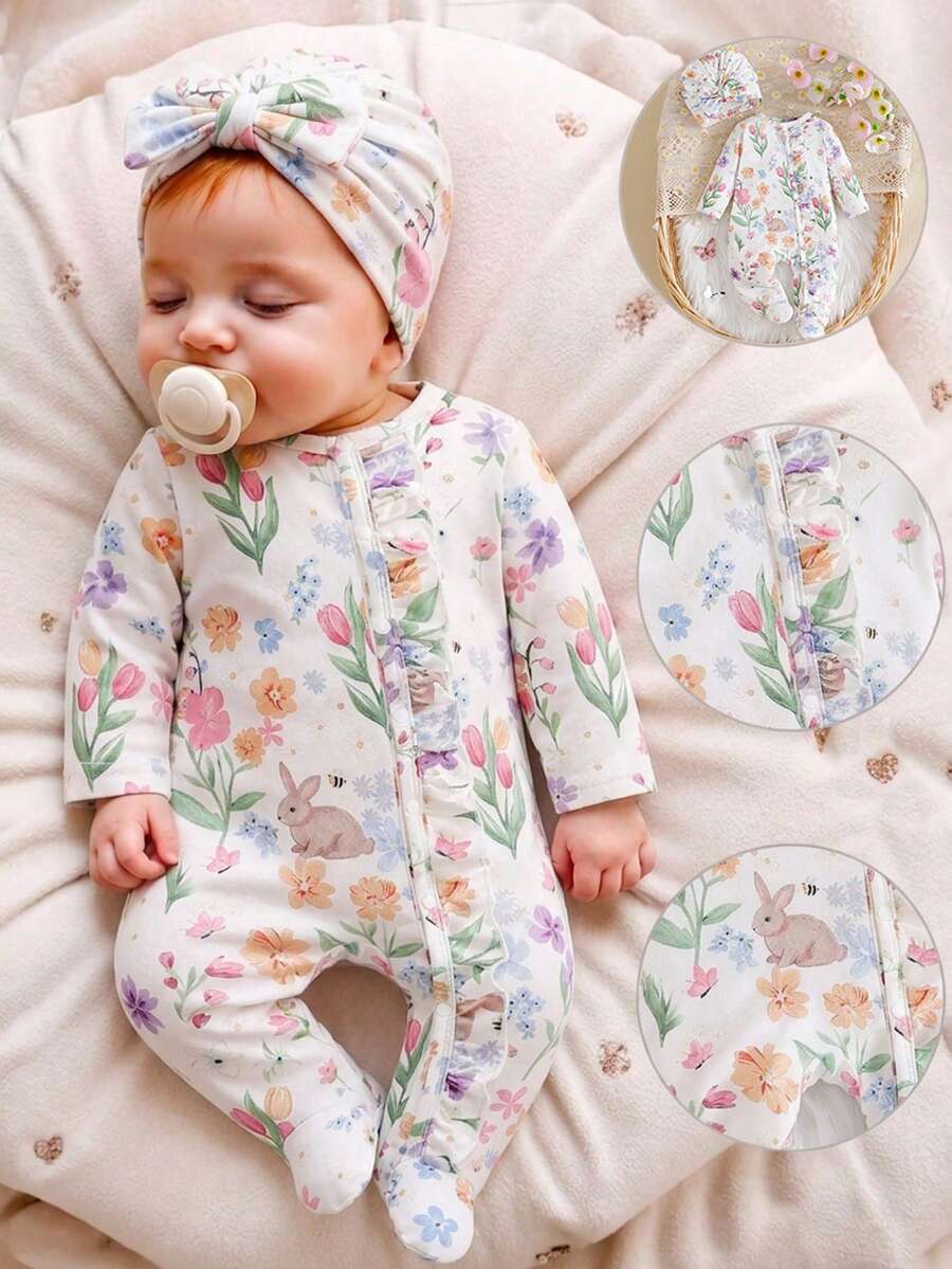 SHEIN 秋冬新生兒蝴蝶結印花可愛嬰兒連身衣 + 帽子 - 彩色 - 查看 1