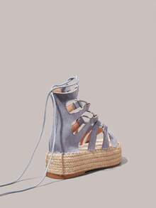 Styleloop Ladies Bohemian Vacation Flannel Lace-Up Hemp Rope Platform Sandals - Gray blue - View 5