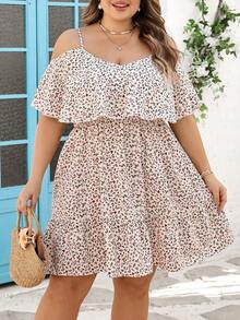 SHEIN CURVE+ 大尺碼 US22 音樂節海邊度假波西米亞風女款花卉露肩荷葉邊下擺洋裝，沙灘度假裙，波西米亞風夏季度假穿搭 - 杏色 - 查看 4
