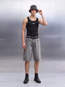 QuarKem Men's Light Blue Washed Denim Loose Casual Shorts Jorts - Light Grey - View 3