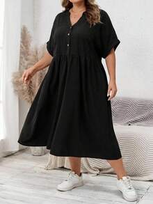 SHEIN CURVE+ 大尺碼女款紋理鈕扣半開襟休閒洋裝 - 黑色 - 查看 7