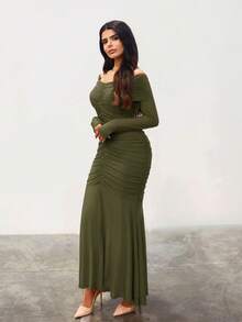 Hindelle 女士优雅纯色露肩褶饰修身连衣裙 - 軍綠色 - 查看 5
