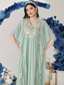Al Najma Camisa Larga Estilo Turco Para Mujer Con Cuentas, Bordados Y Dobladillo Con Volantes - verde menta - Ver 7