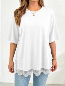 SHEIN Essnce White Lace Patchwork Split Hem Short Sleeve Plus Size Women's T-Shirt - White - View 5
