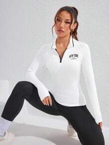 SHEIN Sovereign Charm 女式前拉链长袖休闲字母印花运动 Polo 衫 - 白色 - 查看 5