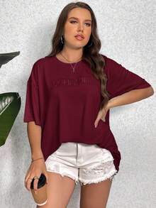Shapeblank Plus Embroidery Letter Pattern Drop Shoulder Tee Plus Size T Shirt Girls - Burgundy - View 6