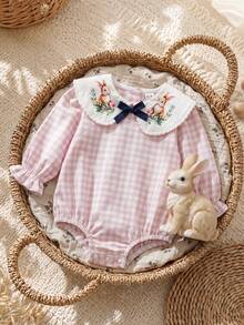 SHEIN Vintaside Kids 女嬰田園風刺繡娃娃大領結蝴蝶結可愛荷葉邊鬆緊袖口長袖連身衣 秋季 - 粉色 - 查看 4
