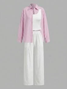 SHEIN LUNE 女款休閒粉色與白色條紋白襯衫及長褲三件套，秋季服裝，套裝，適合工作、早午餐、度假、旅行穿著 - 粉色 - 查看 5