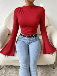 Rafferiza Spring/Autumn Casual Solid Color Flare Sleeve Bodysuit - Red - View 4