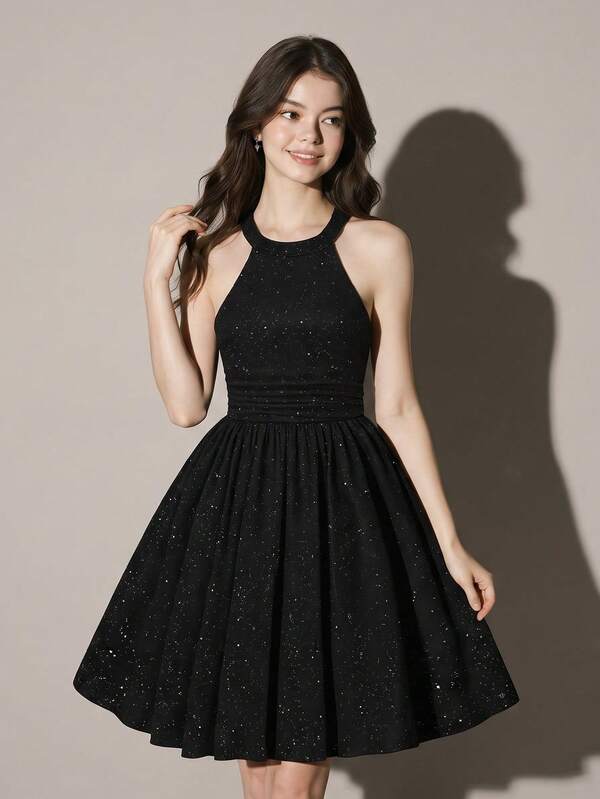 1 pieza Vestido de verano negro con brillo para adolescentes, estilo francés elegante, cintura fruncida lateral, sin mangas, falda corta acampanada en A, tela elástica, vestido versátil para fiesta nocturna, cita, salida diaria