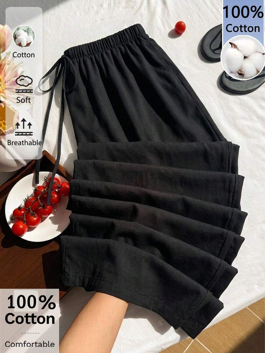 Comfortcana 女款大尺碼休閒長褲，100%純棉舒適面料，百搭休閒款，適合春夏穿著 - 黑色 - 查看 1