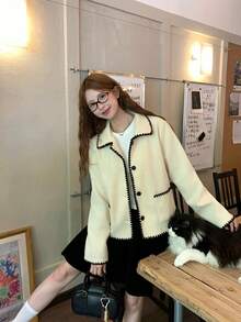 DAZY Women's Autumn/Winter Colorblock Trim Overcoat School - Apricot - View 6