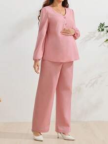 SHEIN 孕婦純色哺乳上衣可調腰帶休閒日常2件套 - 粉色 - 查看 2