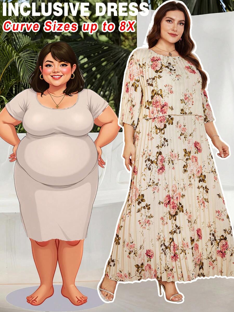 SHEIN CURVE+ 大码女式夏季连衣裙，优雅褶皱雪纺连衣裙，半透明长裙，飘逸长裙